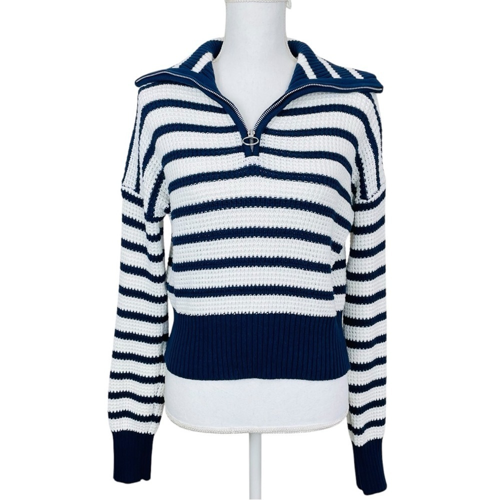 Sage + Stone Half-Zip Cropped Blue & White Stripes Sweater Size Medium
